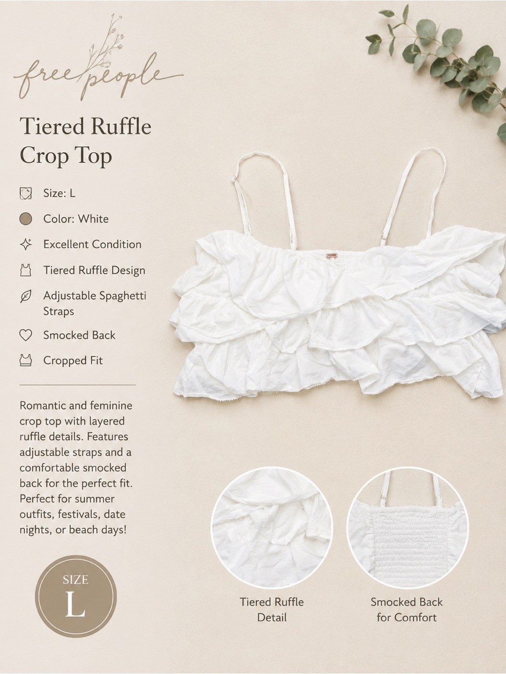 Free People White Tiered Ruffle Crop Top with Adjustable Straps